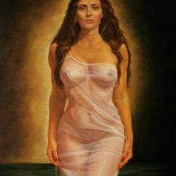 A painting of a woman in a white dress