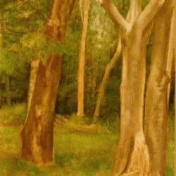 A painting of trees in the woods with green grass.