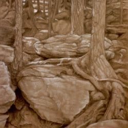 A painting of trees and rocks in the woods