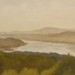 A painting of the river and mountains in the distance.