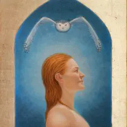 A painting of an owl flying above a woman