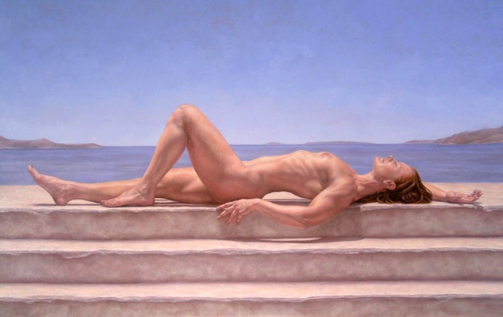 A painting of a naked man laying on steps