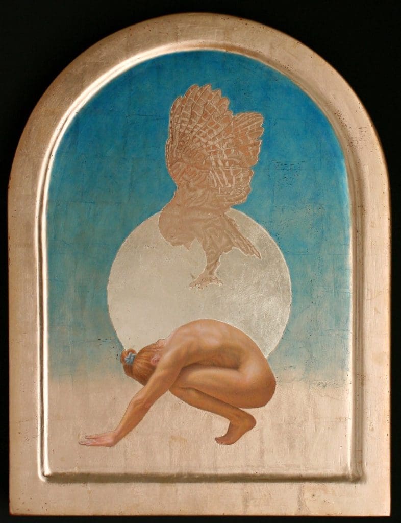 A painting of a naked man in front of an owl.
