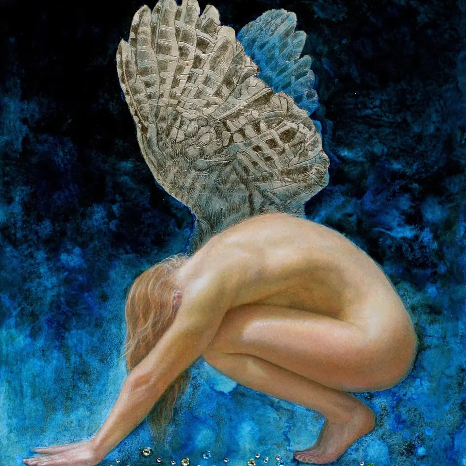 A painting of a woman kneeling down with wings on her back