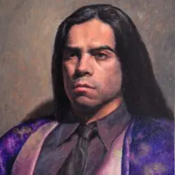 A painting of a man in purple and black