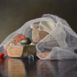 A painting of an empty bowl and other objects