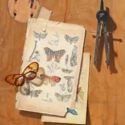 A painting of butterflies and keys on paper.