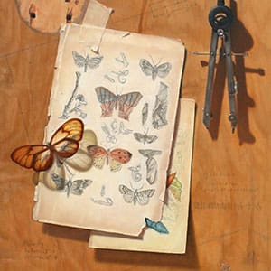 A painting of butterflies and keys on paper.