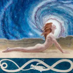 A painting of a woman in the ocean with an astral background.