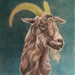 A goat with long horns is painted on the wall.