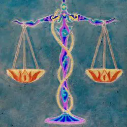 A painting of the scales of justice with a flower design.