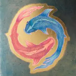 A painting of two dolphins in the shape of an entangled circle.