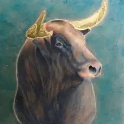 A painting of an animal with horns on it's head.