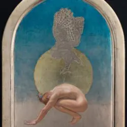 A painting of a man in the air with his head down.