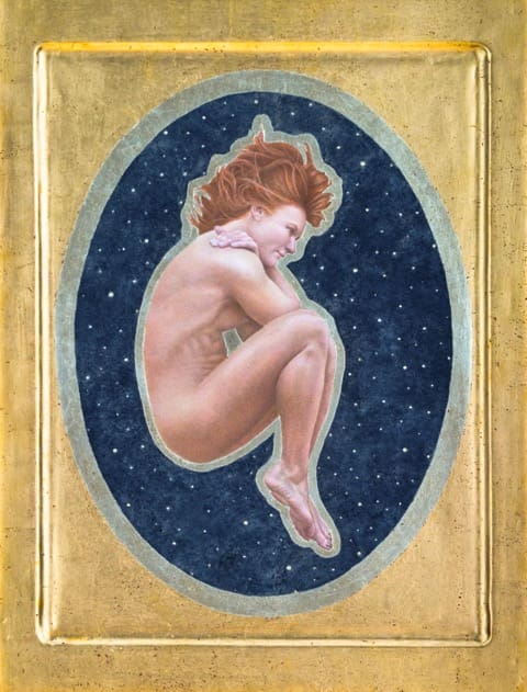 A painting of a naked woman sitting on top of a wall.